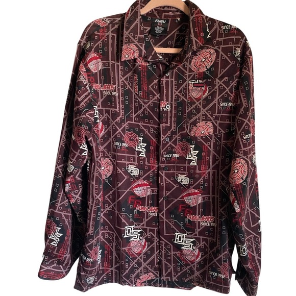 Vintage Fubu Collection Y2K Graphic Long Sleeve Button Up Hip Hop Retro Shirt XL - Picture 1 of 11